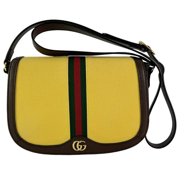 GUCCI 601044 Yellow Canvas & Brown Leather Ophidia GG Mini Crossbody Bag - Picture 1 of 15